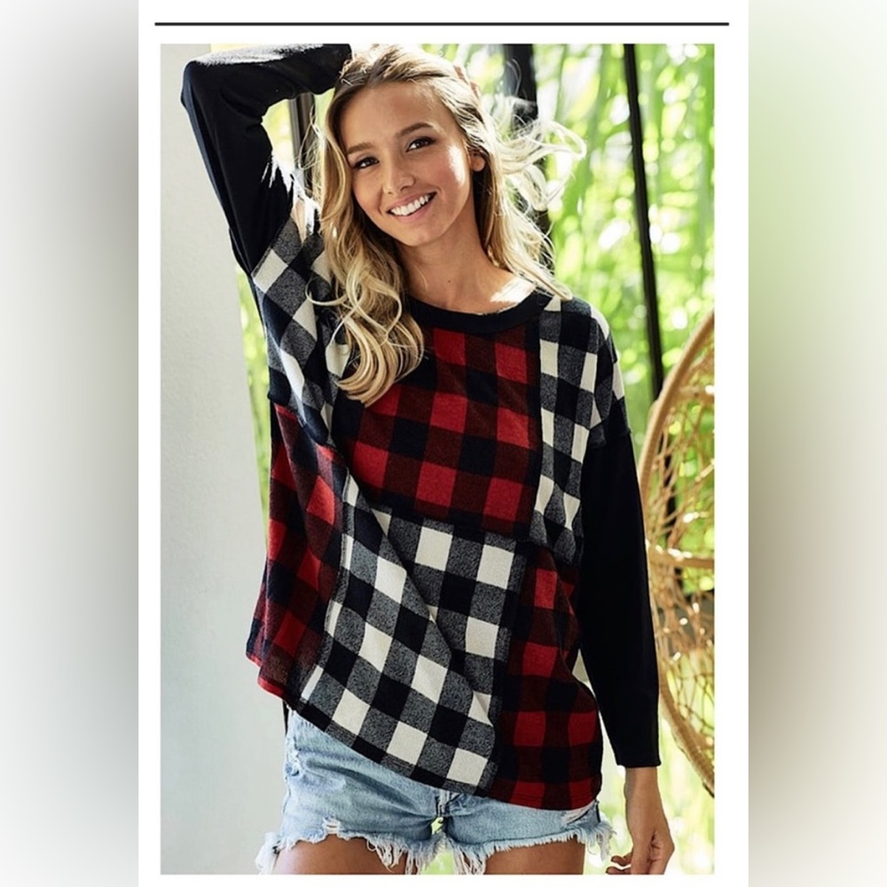 Nwot Bibi Checkered Print Color Block Sweater Sz … - image 1